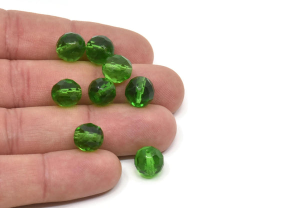 Vintage Faceted Bead, 24 Vintage Green Czech Glass Round Faceted Beads (10mm) CF82 T014