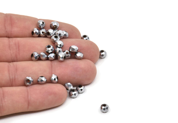 Vintage Silver Bead, 24 Vintage Silver Plastic Round Beads (4x6mm) CF96 T018