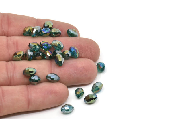 Vintage Faceted Bead, 24 Vintage Glass Faceted Multicolor Green Beads  (6x8mm) CF109 T067