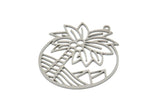 Steel Round Charm, Stainless Steel Palm Tree Patterned Round Shape Charms With 1 Loop, Charm Pendants (40x32.5x0.80mm) SMP2030