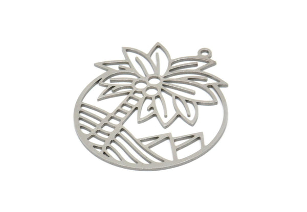 Steel Round Charm, Stainless Steel Palm Tree Patterned Round Shape Charms With 1 Loop, Charm Pendants (40x32.5x0.80mm) SMP2030
