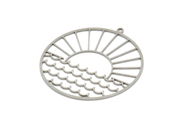 Steel Round Charm, Stainless Steel Rising Sun And Wavy Patterned Round Shaped Charms With 1 Loop, Charm Pendants (41x39x0.80mm) SMP2040