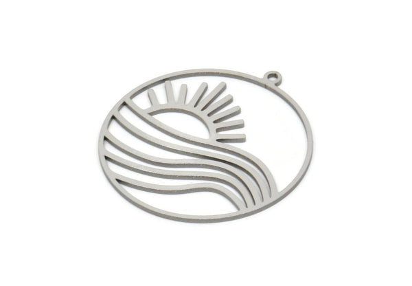 Steel Round Charm, Stainless Steel Rising Sun Patterned Round Shaped Charms With 1 Loop, Charm Pendants (32x29x0.80mm) SMP2063
