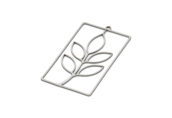 Steel Rectangle Charm, Stainless Steel Branch Patterned Rectangle Shaped Charms With 1 Loop, Findings (46x25x0.80mm) SMP2064