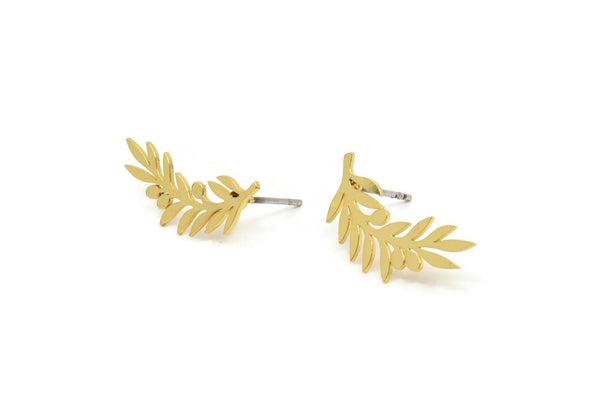 Gold Leaf Earring, 6 Gold Plated Brass Branch Shaped Stud Earrings, Findings (18x8x0.60mm) A3027