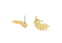 Gold Leaf Earring, 6 Gold Plated Brass Branch Shaped Stud Earrings, Findings (18x8x0.60mm) A3027
