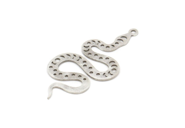 Silver Snake Charm, 6 Antique Silver Plated Brass Snake Pendants With 1 Loop, Charms, Findings (42x19x0.60mm) A5948