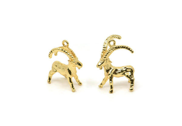 Gold Goat Charm, 2 Gold Plated Brass Mountain Goat Charm Earrings With 1 Loop, Pendants, Findings (17x20mm) N0999