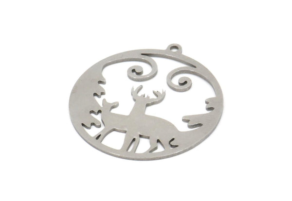 Steel Round Charm, Stainless Steel Deer Patterned Round Shaped Charms With 1 Loop, Earring Findings, Geometric Charms (30x28x0.80mm) SMP2042