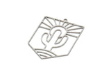 Steel Rectangle Charm, Stainless Steel Sun And Desert Patterned Rectangle Shaped Charms With 1 Loop, Cactus Findings (37x27x0.80mm) SMP2049