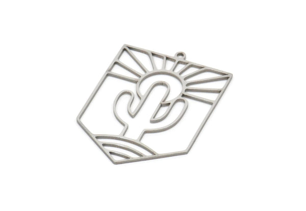 Steel Rectangle Charm, Stainless Steel Sun And Desert Patterned Rectangle Shaped Charms With 1 Loop, Cactus Findings (37x27x0.80mm) SMP2049