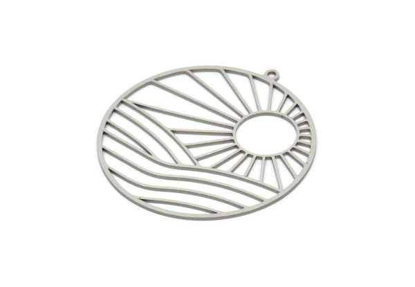 Steel Round Charm, Stainless Steel Rising Sun Patterned Round Shaped Charms With 1 Loop, Charm Pendants (41x38.5x0.80mm) SMP2052
