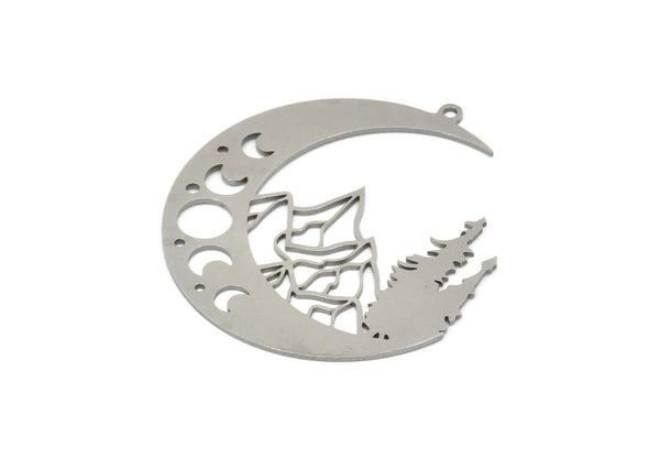 Steel Crescent Charm, Stainless Steel Mountain And Crescent Moon Patterned Charms With 1 Loop, Findings (47x41x0.80mm) SMP2056