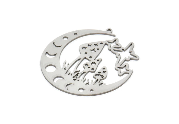 Steel Moon Charm, Stainless Steel Mushroom And Crescent Moon Shaped Charms With 1 Loop, Findings (38x36x0.80mm) SMP2058
