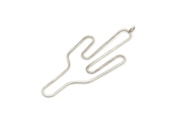 Silver Cactus Charm, 2 Antique Silver Plated Brass Wire Cactus Pendants With 1 Loops (64x28x1mm) Bs 1700 S1169