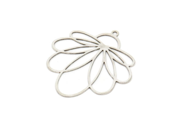 Silver Flower Charm, 4 Antique Silver Plated Brass Flower Charms With 1 Loop, Charm Pendants (33x30x0.60mm) A6742