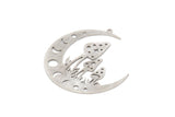 Silver Moon Charm, 2 Antique Silver Plated Brass Mushroom And Crescent Moon Shaped Charms With 1 Loop, Findings (38x36x0.60mm) SMP0699 A6881