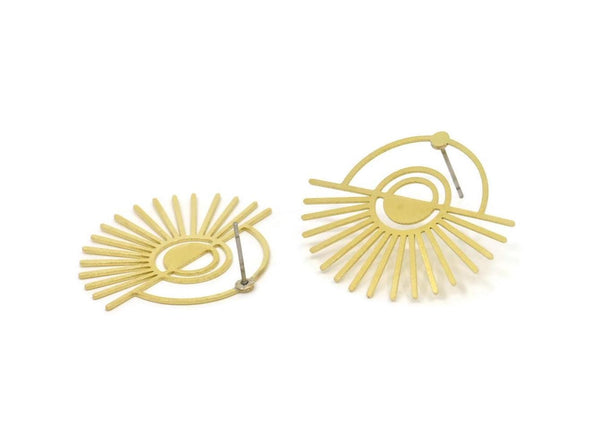 Brass Sun Earring, 6 Raw Brass Rising Sun Flag Stud Earrings (31x36x0.60mm) A5594