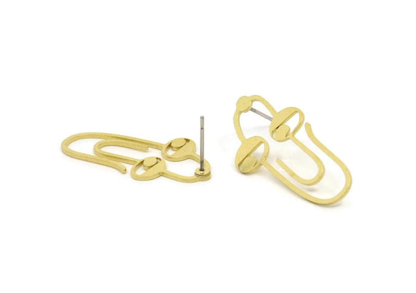 Brass Face Earring, 8 Raw Brass Paperclip Shaped Stud Earrings (30x15x0.80mm) A5734