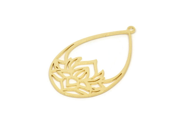Gold Drop Charm, 2 Gold Plated Brass Lotus Flower Charms With 1 Loop, Findings (35x22x0.60mm) SMP0158 A5781