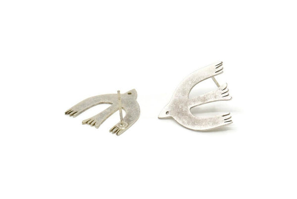Silver Bird Earring, 4 Antique Silver Plated Brass Bird Stud Earrings (19x21x0.60mm) A4336 A3506