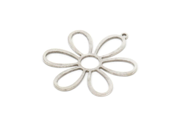 Silver Flower Charm, 4 Antique Silver Plated Brass Flower Shaped Charms With 1 Loop, Charm Pendants (32x27x0.80mm) SMP0769 A6229