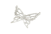 Silver Butterfly Charm, 2 Antique Silver Plated Brass Butterfly Charms With 2 Loops, Necklace Findings (33x38x0.60mm) A6520