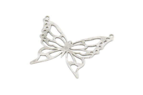 Silver Butterfly Charm, 2 Antique Silver Plated Brass Butterfly Charms With 2 Loops, Necklace Findings (33x38x0.60mm) A6520