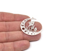 Silver Moon Charm, 2 Antique Silver Plated Brass Mushroom And Crescent Moon Shaped Charms With 1 Loop, Findings (38x36x0.60mm) SMP0699 A6881