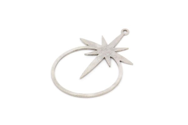 Silver Star Charm, 4 Antique Silver Plated Brass Round Charms With 1 Loop, Pole Star Charms, Pendants, Findings (33x21x0.60mm) A6358