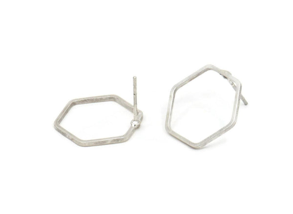 Hexagon Ring Earrings, 8 Antique Silver Plated Brass Hexagon Stud Earrings (16x0.80mm) Bs-1165 A3646