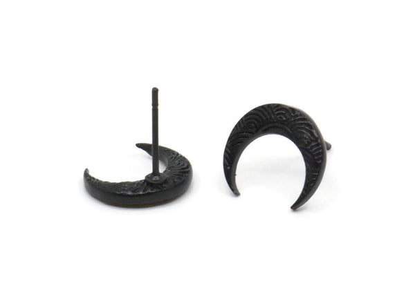 Black Moon Earring, 6 Oxidized Black Brass Crescent Moon Stud Earrings (12x3x2mm) A2182