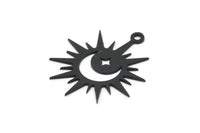 Siyah Güneş Charm, 8 Oksitlenmiş Siyah Pirinç Hilal ve Yıldız Desenli Güneş Şeklinde Charm, 1 Döngülü (22x18x0,60 mm) A3992