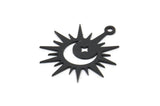 Siyah Güneş Charm, 8 Oksitlenmiş Siyah Pirinç Hilal ve Yıldız Desenli Güneş Şeklinde Charm, 1 Döngülü (22x18x0,60 mm) A3992