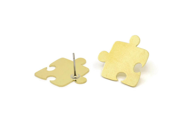 Brass Puzzle Earring, 6 Raw Brass Puzzle Shaped Stud Earrings (21x20x0.60mm) A6755