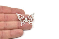 Silver Butterfly Charm, 2 Antique Silver Plated Brass Butterfly Charms With 2 Loops, Necklace Findings (33x38x0.60mm) A6520