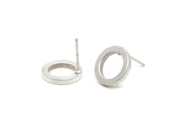 Silver Circle Earring, 4 Antique Silver Plated Brass Circle Stud Earrings (12mm) N0441 A1135