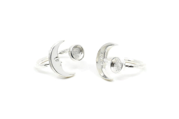Silver Ring Settings, 925K Sterling Plated Brass Moon And Planet Ring With 1 Stone Setting - Pad Size 6mm N1495