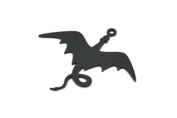 Black Dragon Charm, 6 Oxidized Black Brass Dragon Shaped Charms With 1 Loop, Pendants, Findings (30x34x0.60mm) A4363