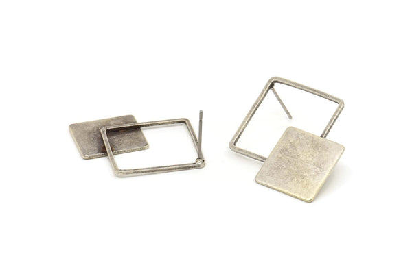 Silver Square Earring, 2 Antique Silver Plated Brass Square Earring Posts, Pendants, Findings (36x26x1.7mm) E329