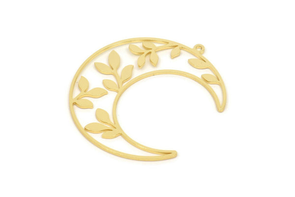 Gold Moon Charm, 2 Gold Plated Brass Leaf Pattern Crescent Moon Charms With 1 Loop, Findings (38x12x0.80mm) SMP0113 A2671