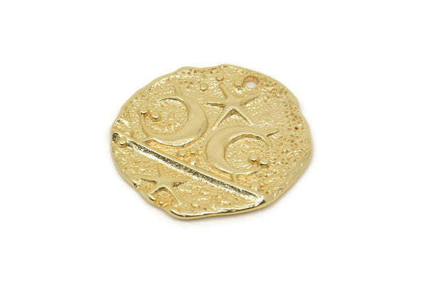 Gold Irregular Charm, 2 Gold Plated Brass Crescent And Star Irregular Shaped Charms With 1 Hole, Earring Findings (19x19x1.2mm) N1936