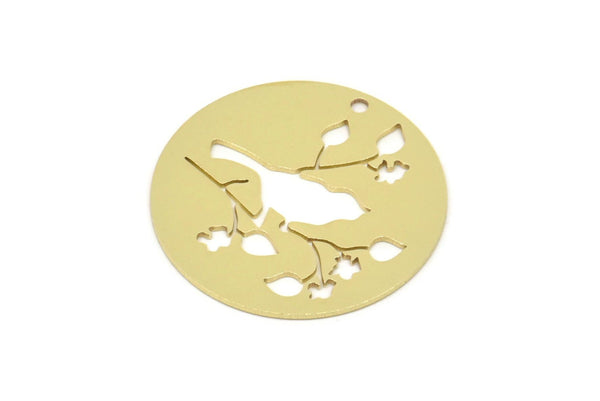 Brass Round Charm, Raw Brass Bird And Branch Charms With 1 Hole, Charm Pendants (25x0.60mm) SMP2262