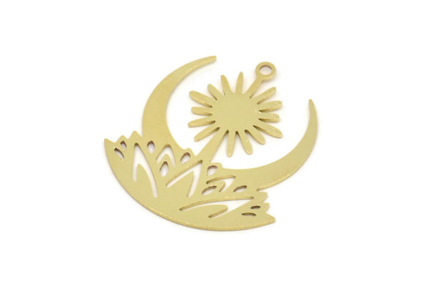 Brass Lotus Charm, Raw Brass Lotus Flower And Crescent Moon Patterned Charms With 1 Loop, Sun Charms, Findings (27.5x25x0.60mm) SMP2268