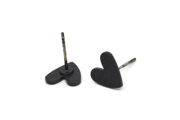 Siyah Kalp Küpe, 6 Dokulu Oksitlenmiş Siyah Pirinç Kalp Küpe (8x1mm) M02169 A2554 Q0189