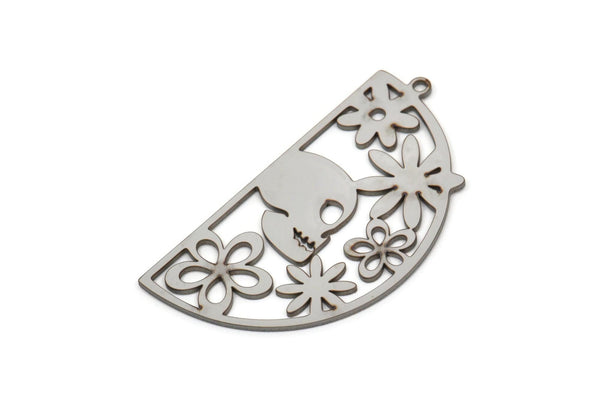 Semi Circle Charm, Stainless Steel Skull And Flower Patterned Charms With 1 Loop, Half Moon Charms, Findings (41x22x0.80mm) SMP2034