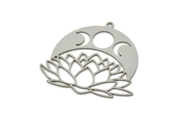 Steel Lotus Charm, Stainless Steel Lotus Flower And Crescent Moon Shaped Charms With 1 Loop, Findings (34x37x0.80mm) SMP2038