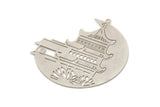 Silver Round Charm, 4 Antique Silver Plated Brass Chinese House Patterned Charms With 1 Loop, Findings, Earrings (40x39x0.30mm) D1429