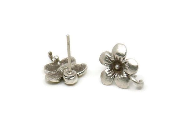Silver Flower Earring, 4 Antique Silver Plated Brass Flower Stud Earrings With 1 Loop (13x11mm) N2295