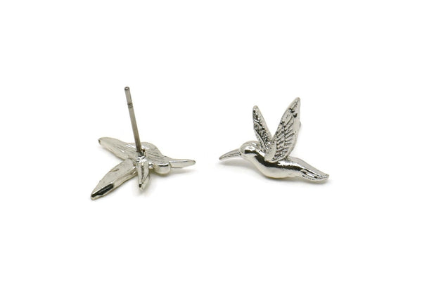 Silver Bird Earring, 4 Silver Tone Bird Stud Earrings (15x13mm) N1001